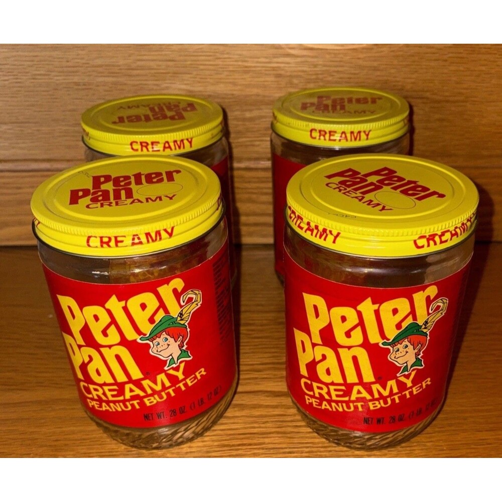 4 -Vintage Peter Pan Creamy Peanut Butter Glass Advertising Jars with Yellow Lid
